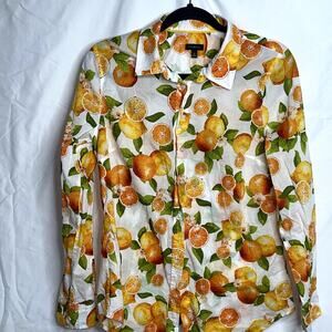 Talbots Womens Size Medium Orange Citrus Print Long Sleeve Button Up Blouse